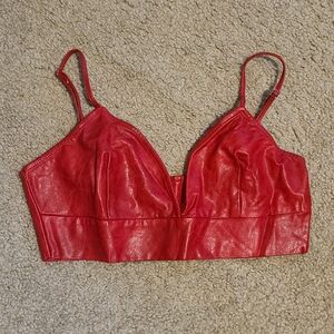 Red Faux Leather Bralette Top, Size M